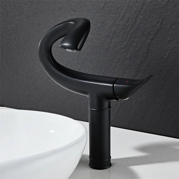 Black flamingo design deck-mount basin faucet adds elegance and modern style to bathroom decor with single-handle temperature control.