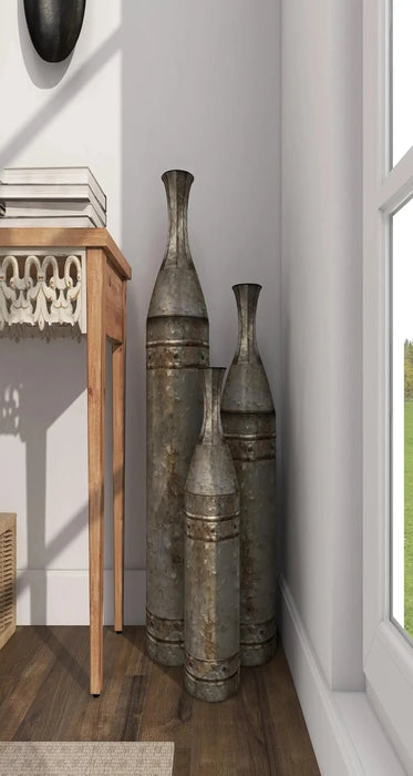 Galvanized Metal Floor Vase Set – Industrial Style with Studs, Set of 3" - HomeComfort365