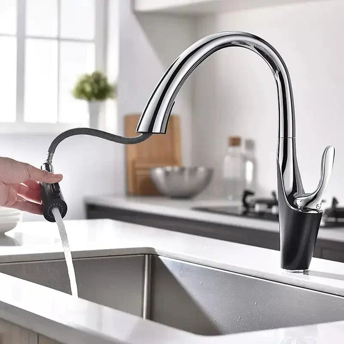 Sleek pull-out sink faucet with single-handle mixer in modern kitchen, featuring pull-out sprayer and precise temperature control.