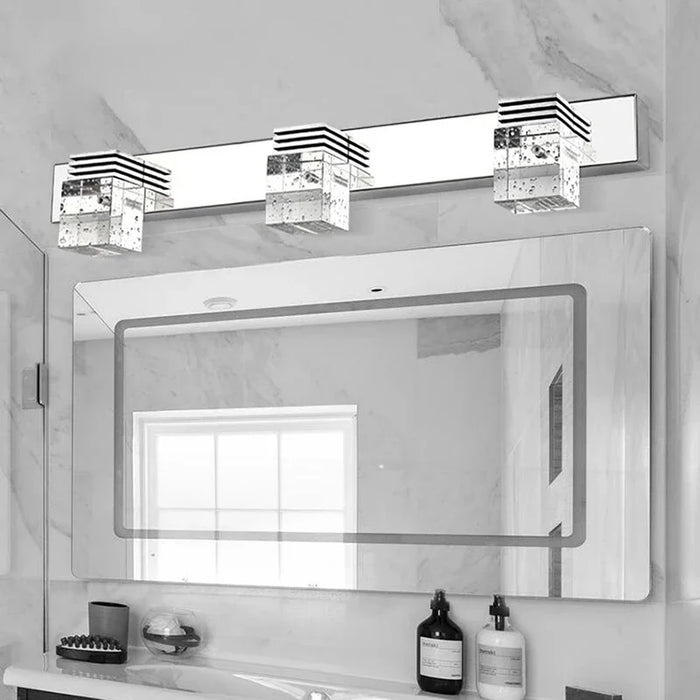 Modern K9 crystal mirror wall lamp with LED lighting in elegant bathroom setting, CE certified.