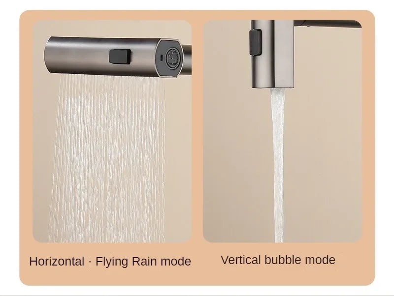 Hydroelectric kitchen faucet with horizontal flying rain and vertical bubble water outlet modes shown.