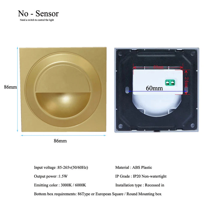 Gold recessed LED walkway light with no sensor, showing dimensions and specifications like wide voltage and dual color options.