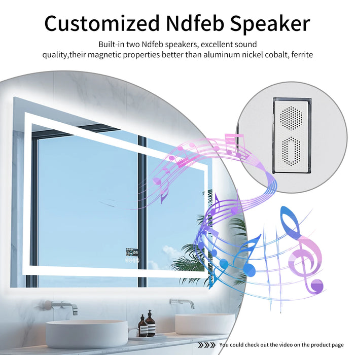 Smart LED vanity mirror with Bluetooth NdFeB speakers, showcasing music streaming feature and adjustable dimmable lights.