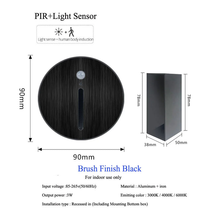 Black brush finish PIR sensor step light with motion detection, featuring durable aluminum and iron construction, for indoor use.