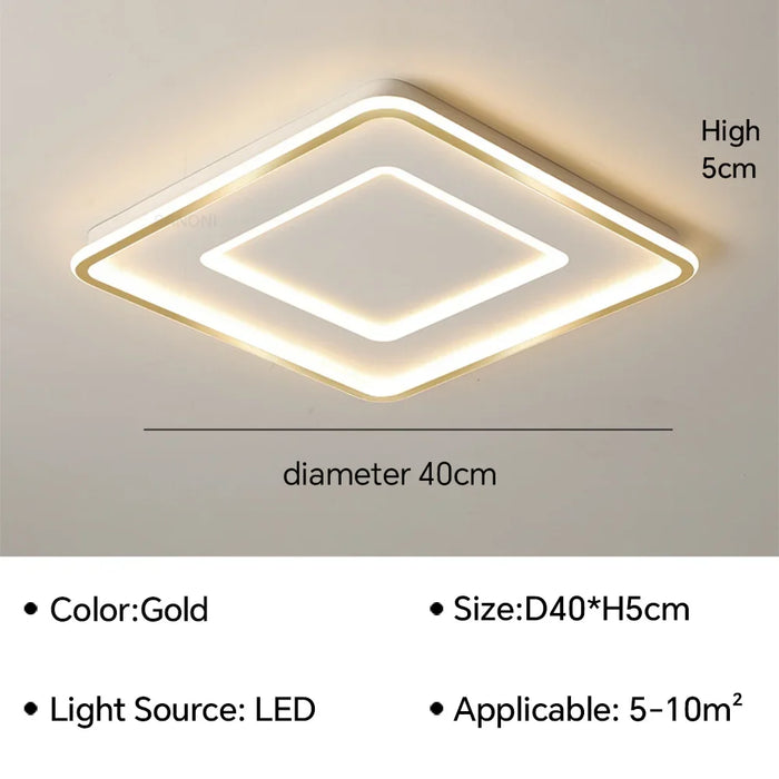 Geometric modern LED ceiling lamp in gold, 40cm diameter, 5cm height, ideal for spaces 5-10 sqm, with LED light source.