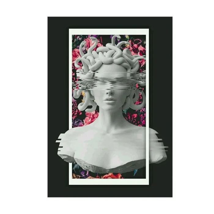 Emerald Medusa canvas art print with Greek mythology design in rich colors and floral background.