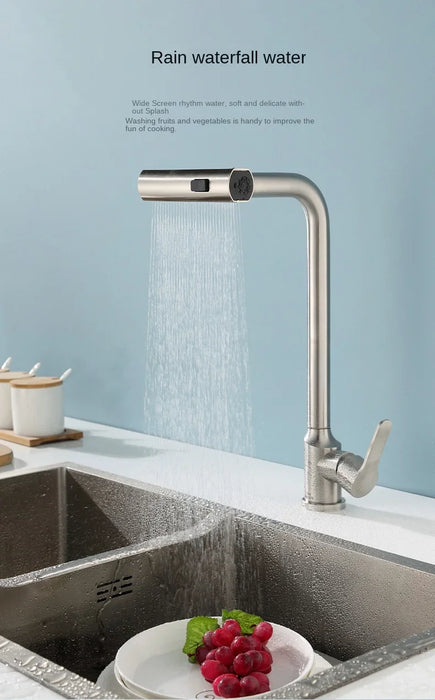 Pull-out kitchen faucet with waterfall shower head for easy dish rinsing and sink cleaning.