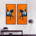 Orange horse racing canvas set with bold equestrian scene on vivid background, vertical two-piece artwork for elegant decor.