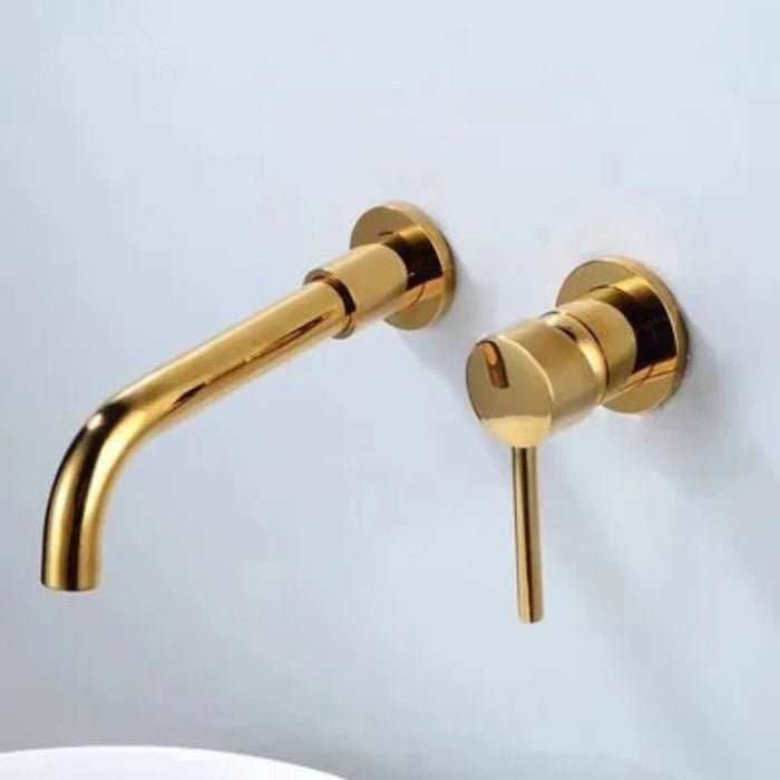 Gold minimalist wall-mount basin faucet set with sleek design and single-handle control, enhancing contemporary bathroom style.