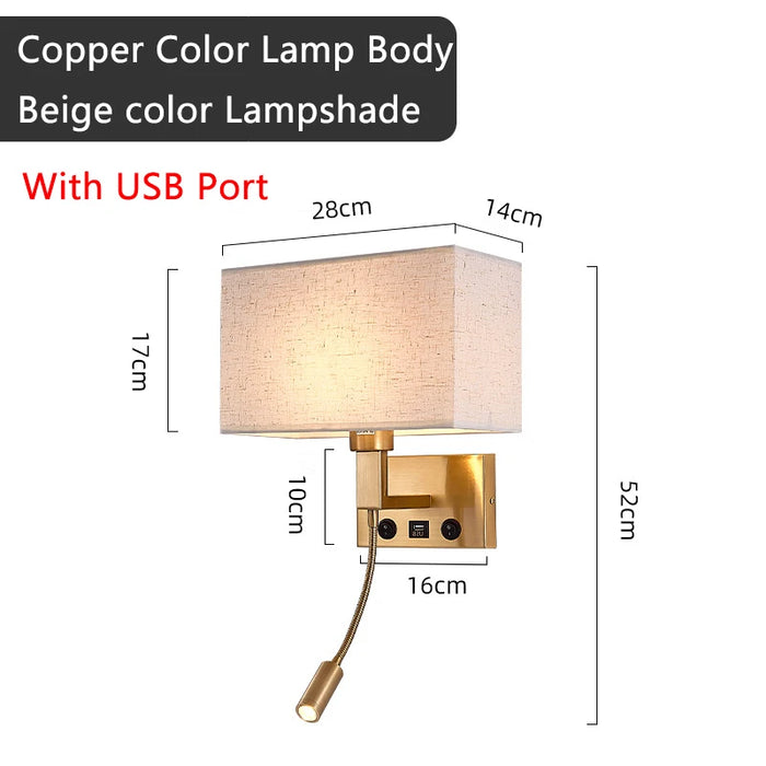 Modern bedside wall lamp with copper body, beige lampshade, USB port, and spotlight. Dimensions: 28cm x 14cm, 52cm height.