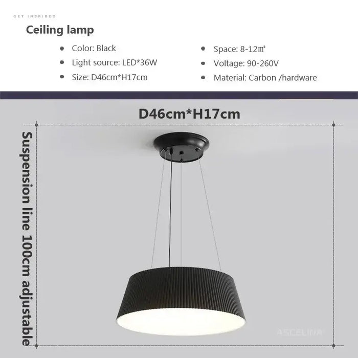 Modern black LED ceiling lamp with adjustable suspension, D46cm x H17cm, energy-efficient lighting for spaces 8-12m².