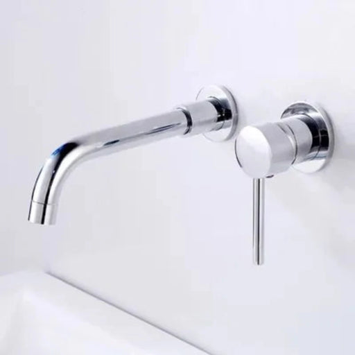 Minimalist wall-mount basin faucet set with brushed finish and single-handle design for sleek, contemporary bathroom style.