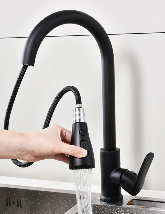 Sleek pull-out black kitchen faucet with single lever control, demonstrating pull-down spray feature over a sink.