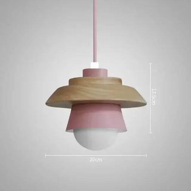 Nordic Wood Round Pendant Light with Pink Shade and Wooden Accent, 20cm Diameter, Ideal for Cozy Ambiance