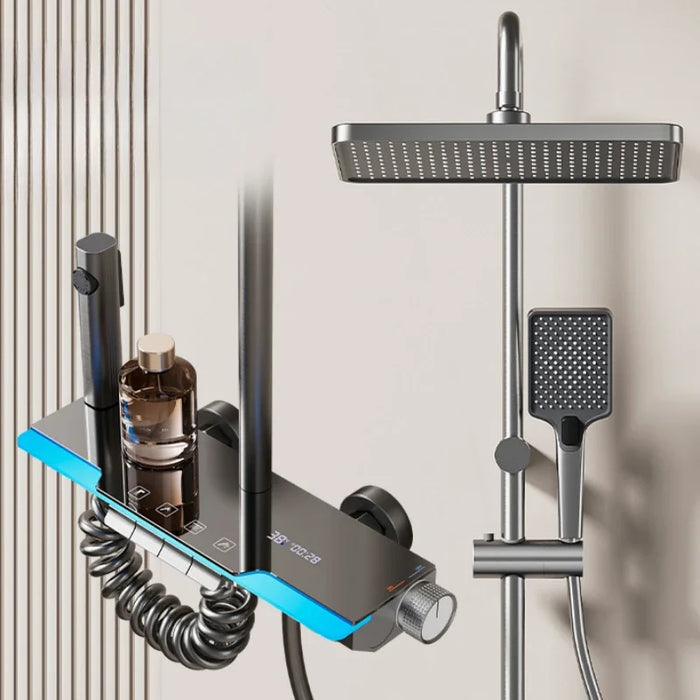 Luxury smart rainfall shower system with digital temperature display, adjustable aluminum rod, and four water outlets.