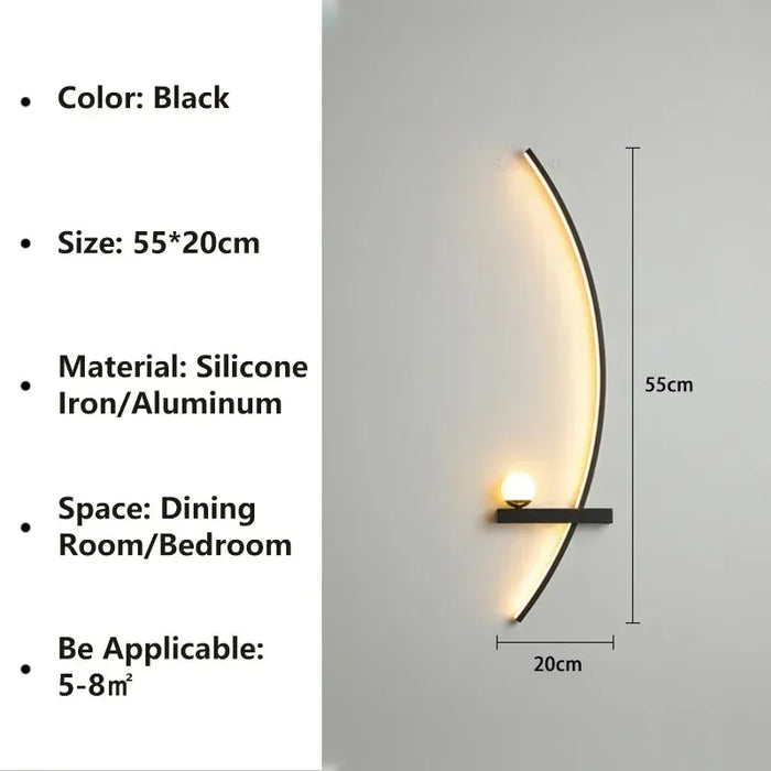 Elegant line wall light in black, 55x20cm, made of silicone and iron/aluminum, ideal for dining room or bedroom, covers 5-8㎡.