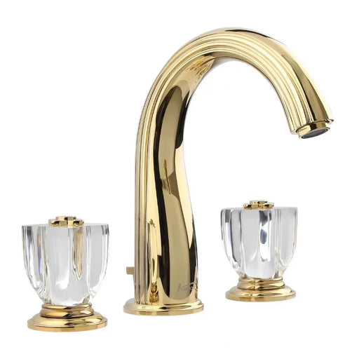 Luxury gold widespread basin faucet with dual handle brass mixer, featuring a sleek modern design for elegant bathrooms.