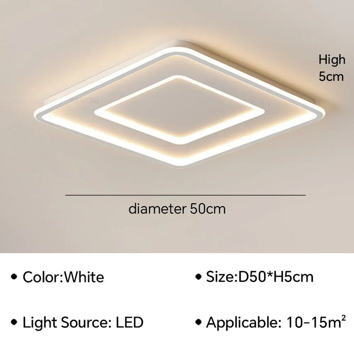 Modern geometric LED ceiling lamp, white color, 50cm diameter, for 10-15m² rooms, energy-efficient lighting solution.