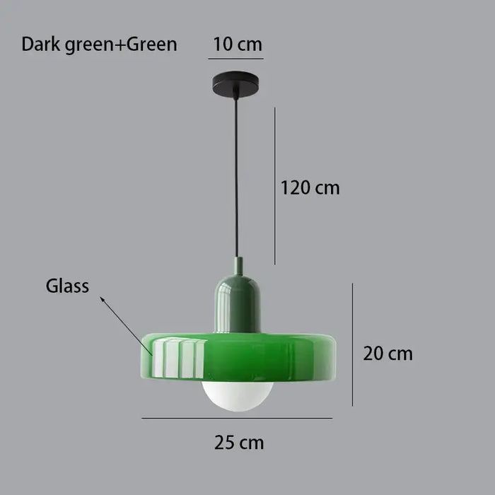 Retro glass pendant light in dark green with dimensions, showcasing vintage indoor ceiling fixture design.