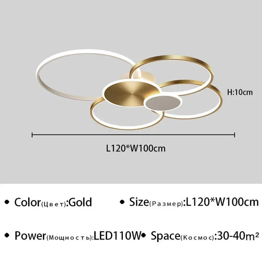 Minimalist overlapping circular ceiling light in gold, dimensions 120x100 cm, LED 110W, suitable for 30-40 m² spaces