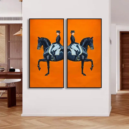 Two-piece orange horse racing canvas set in living room decor with bold equestrian scene on premium waterproof UV ink canvas