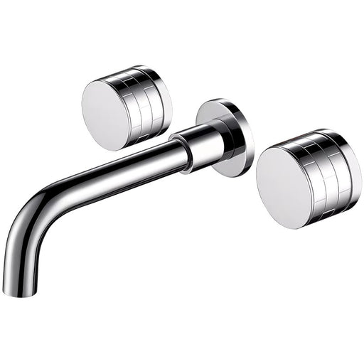 Chrome wall-mounted basin faucet with dual handles for temperature control, offering a sleek and modern design for bathrooms.