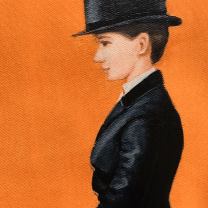 Portrait of a person in black attire and top hat on orange canvas background