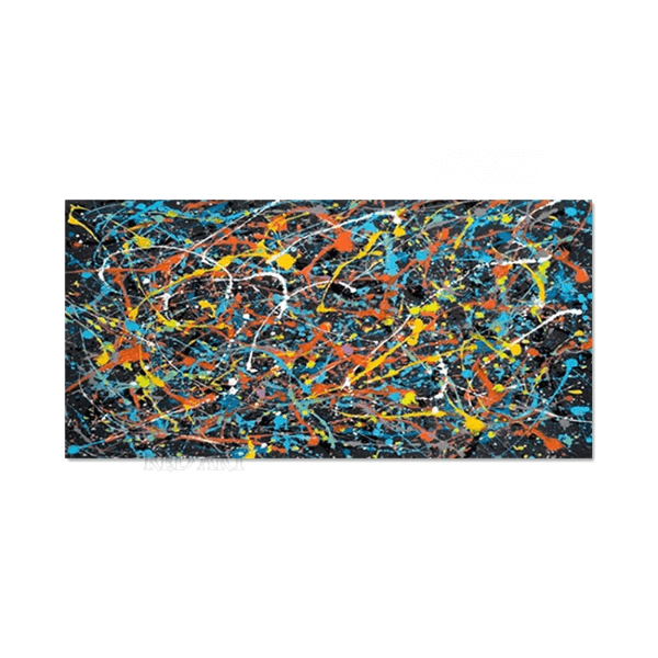 Pollock-inspired abstract canvas with vibrant colors and dynamic patterns, hand-painted with high-quality oils on durable canvas.