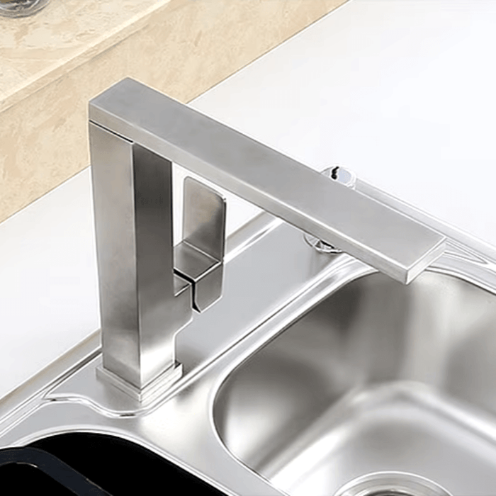 Stainless Steel 360° Square Swivel Kitchen Mixer with brushed finish, perfect for complete sink access and easy cleaning.