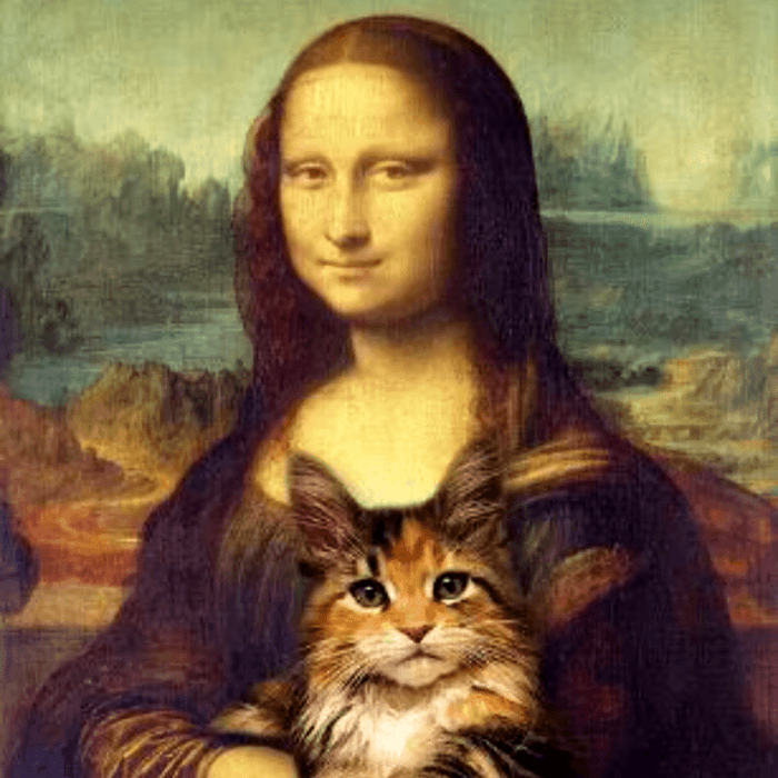 Mona Lisa holding a cat humorous canvas art, iconic classical painting with feline twist, vibrant colors, unframed wall decor.