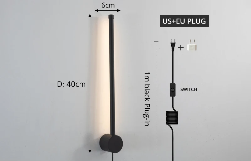 Modern artistic wall lamp with black aluminum finish, 40cm length, 6cm width, 1m black plug with US and EU plug options.