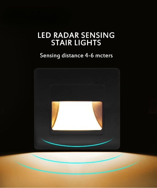 Recessed LED wall lamp with motion sensor, sensing distance 4-6 meters, energy-efficient lighting for stair illumination.