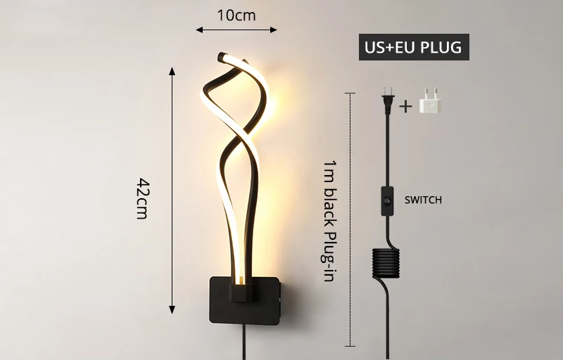 Modern artistic wall lamp with LED lighting, black plug-in cord, and sleek aluminum design, ideal for contemporary home decor.