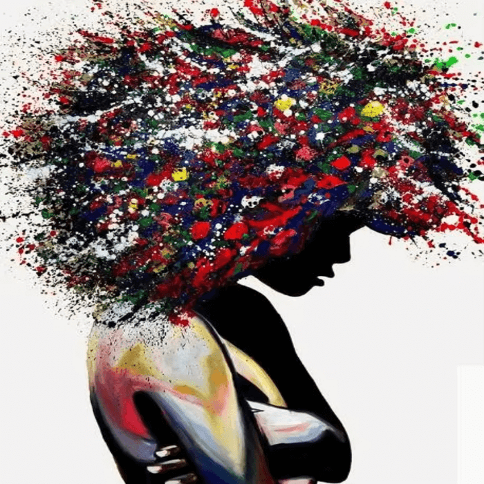 Colorful abstract canvas art featuring a silhouetted woman with vibrant afro, blending graffiti style and dynamic colors.