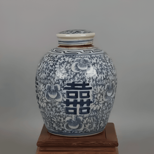 Antique Blue Lotus Porcelain Jar with intricate floral patterns and Chinese symbols, 7.2" tall, Republic of China era.