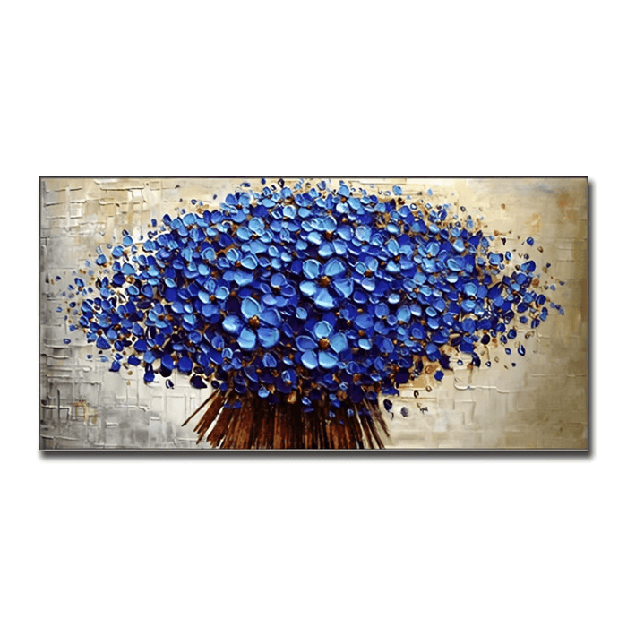 3D floral knife canvas art featuring vibrant blue flowers with a textured, three-dimensional design on a thick canvas background.