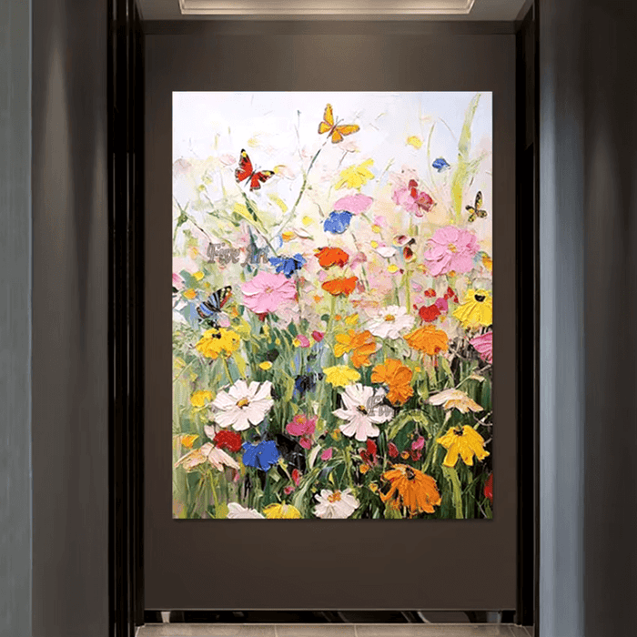 Vibrant butterfly meadow canvas art print with colorful flowers and butterflies in pink, yellow, blue, and green hues.