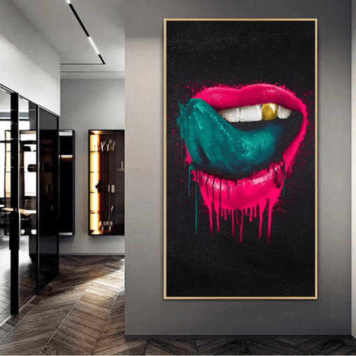 Sexy Lips Abstract Canvas Art with red lips and turquoise accent on dark background in modern decor setting.