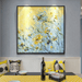 Abstract 3D floral knife painting with yellow and blue flowers displayed above a modern dining table with decor accents.