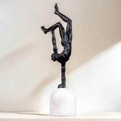 Giacometti-inspired abstract metal sculpture with marble base, modern art design for home decor, 39cm tall.