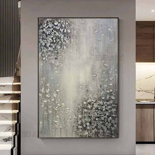 Silver Blossoms 3D abstract art painting with textured metallic flowers on a monochrome canvas, enhancing modern home decor.