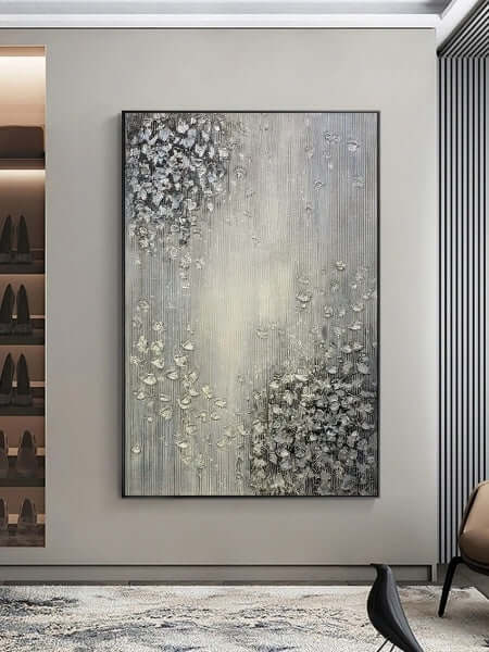 Silver Blossoms 3D abstract art on wall, showcasing textured silver flowers with knife painting technique in modern home decor.